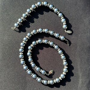 Vintage Suzanne Somers Slate Gray Pearl and CZ Necklace + Bracelet Set